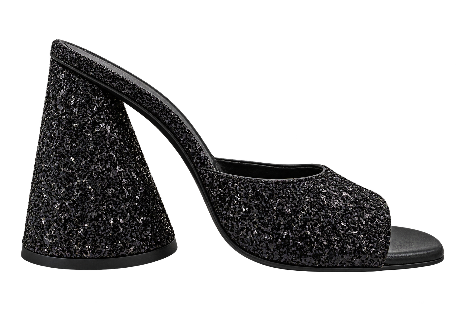 Black sparkling mule with a sculptural flared heel