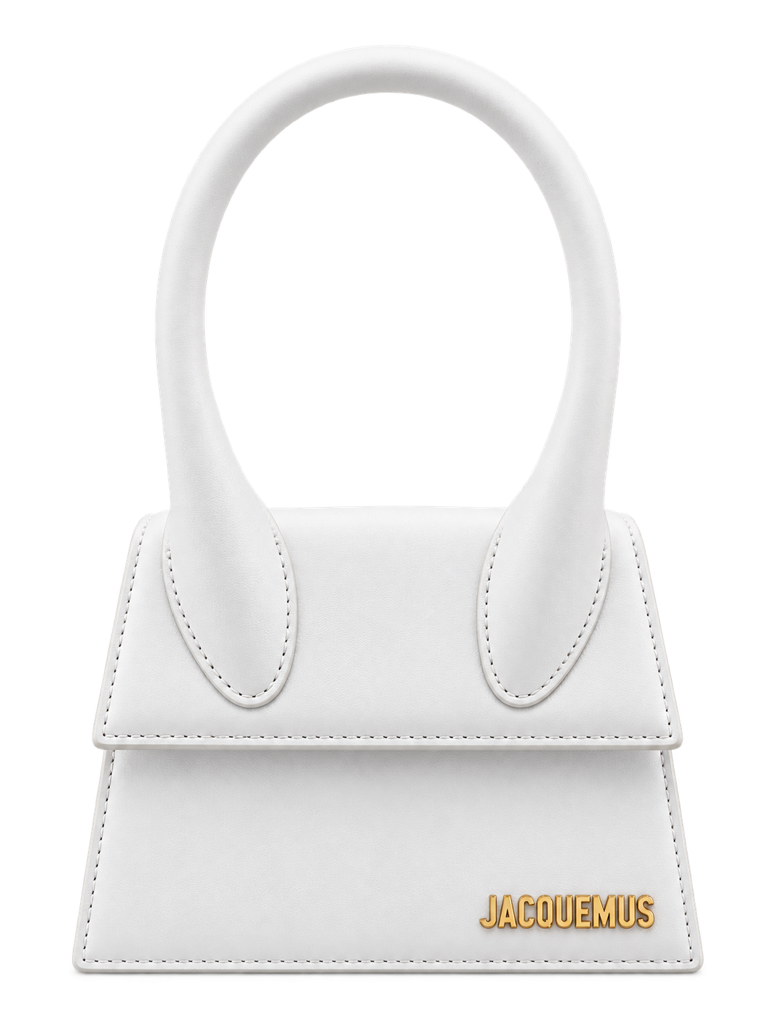 White structured Jacquemus bag with curved handles and gold lettering